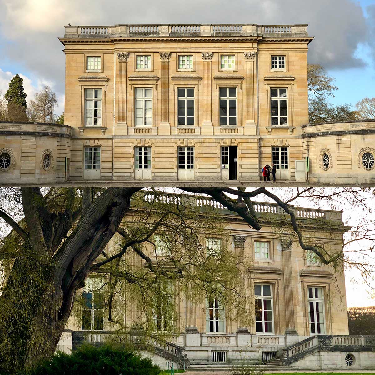 Facciata Sud (in alto) e Nord (in basso) dello château del Petit Trianon.
